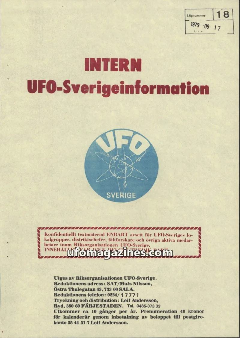 Cover of Intern UFO-Sverigeinformation (UFO-Sverige) issue 18: UFO-Sverigeinformation