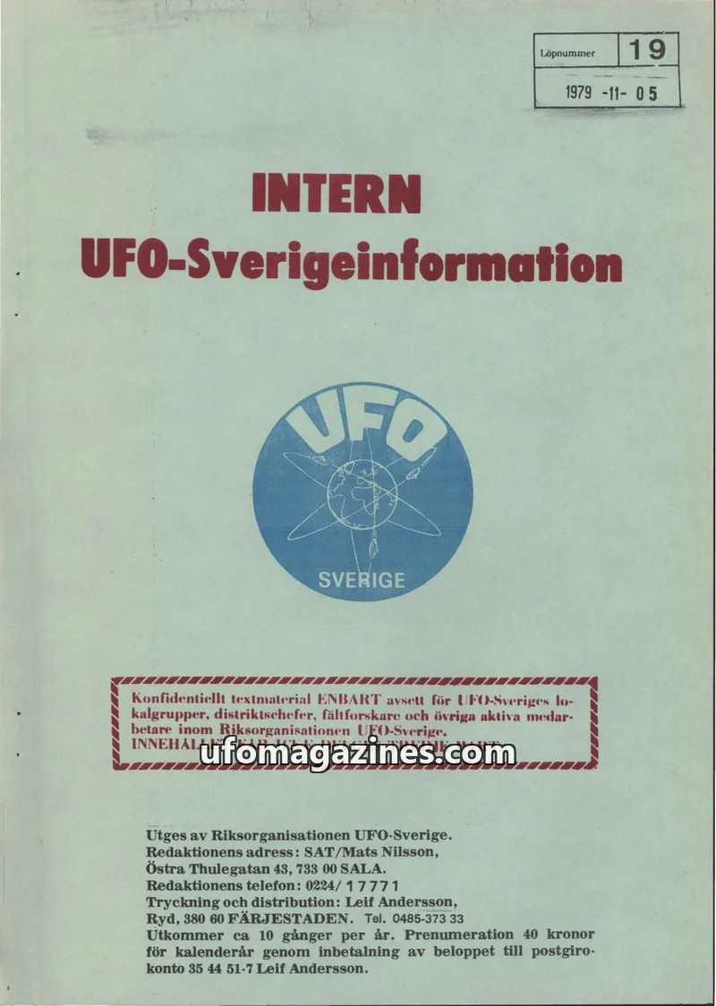 Cover of Intern UFO-Sverigeinformation (UFO-Sverige) issue 19: UFO-Sverigeinformation