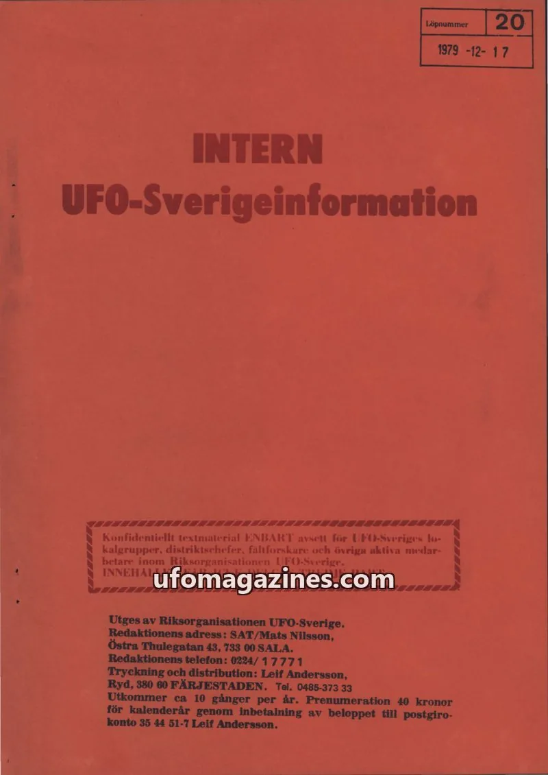 Cover of Intern UFO-Sverigeinformation (UFO-Sverige) issue 20: INTERN UFO-Sverigeinformation