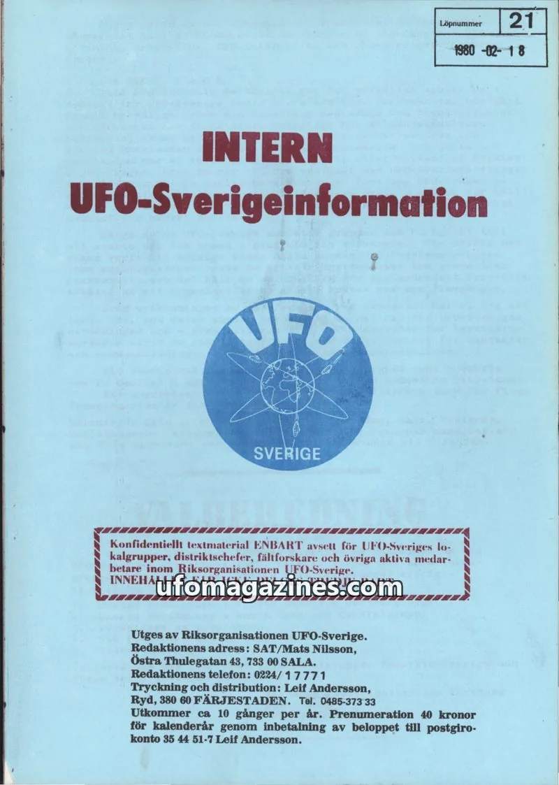 Cover of Intern UFO-Sverigeinformation (UFO-Sverige) issue 21: INTERN UFO-Sverigeinformation