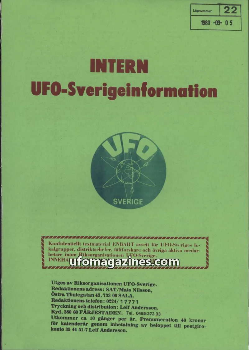 Cover of Intern UFO-Sverigeinformation (UFO-Sverige) issue 22: INTERN UFO-Sverigeinformation