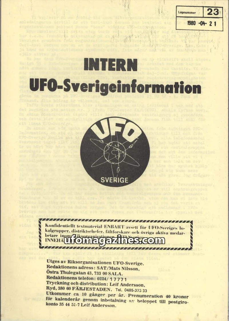 Cover of Intern UFO-Sverigeinformation (UFO-Sverige) issue 23: UFO-Sverigeinformation