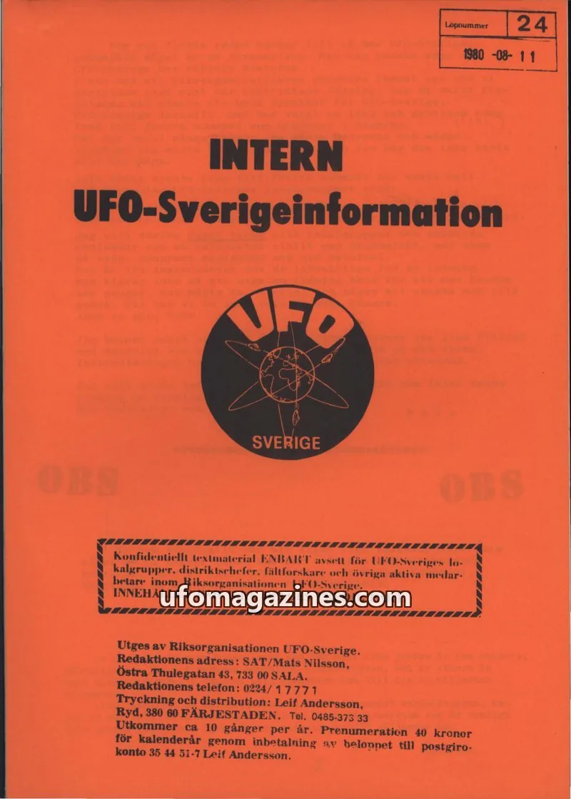 Cover of Intern UFO-Sverigeinformation (UFO-Sverige) issue 24: UFO-Sverigeinformation