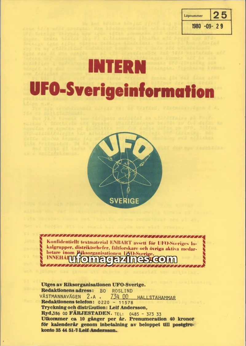 Cover of Intern UFO-Sverigeinformation (UFO-Sverige) issue 25: INTERN UFO-Sverigeinformation