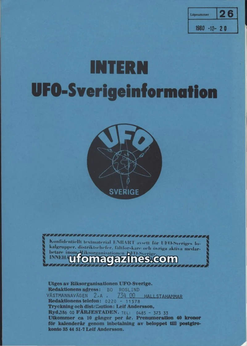 Cover of Intern UFO-Sverigeinformation (UFO-Sverige) issue 26: UFO-Sverigeinformation