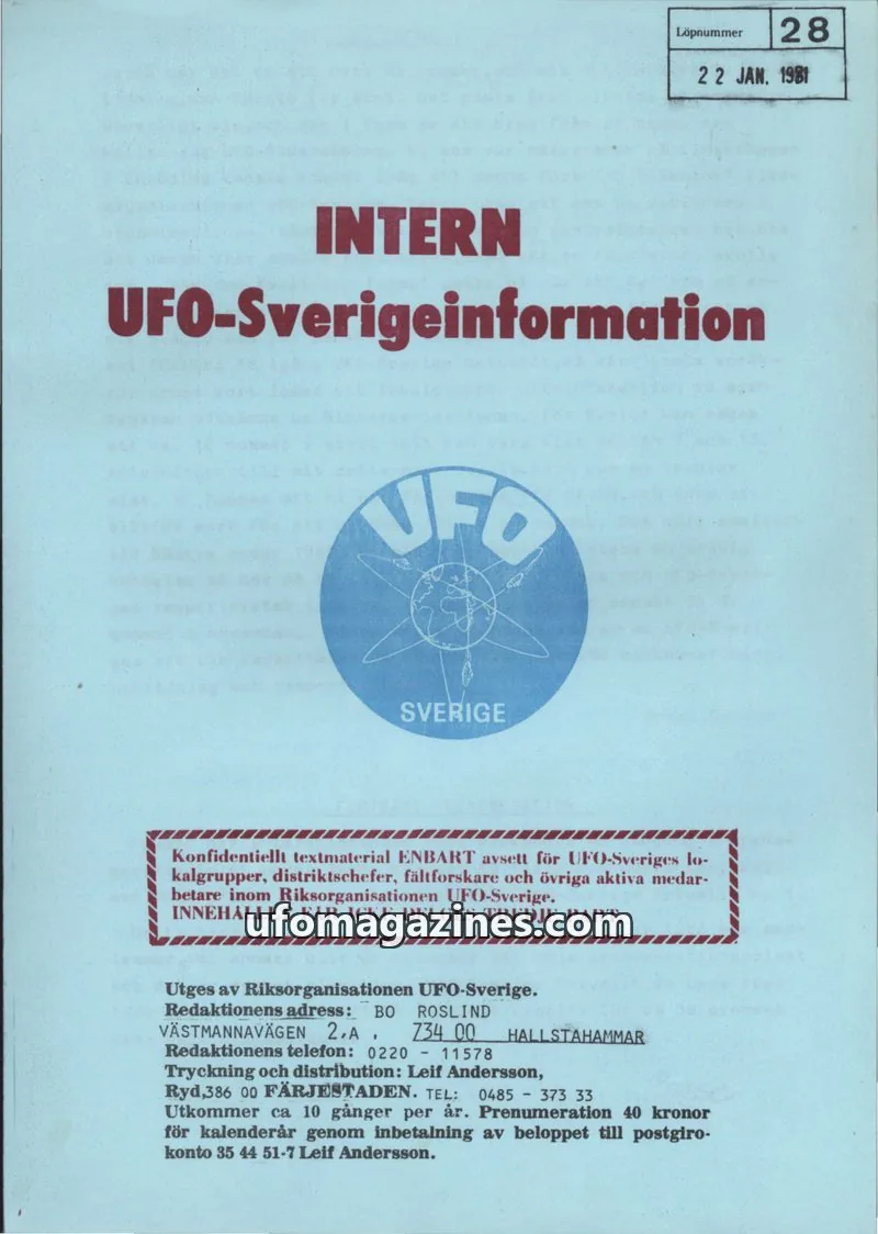 Cover of Intern UFO-Sverigeinformation (UFO-Sverige) issue 28: INTERN UFO-Sverigeinformation