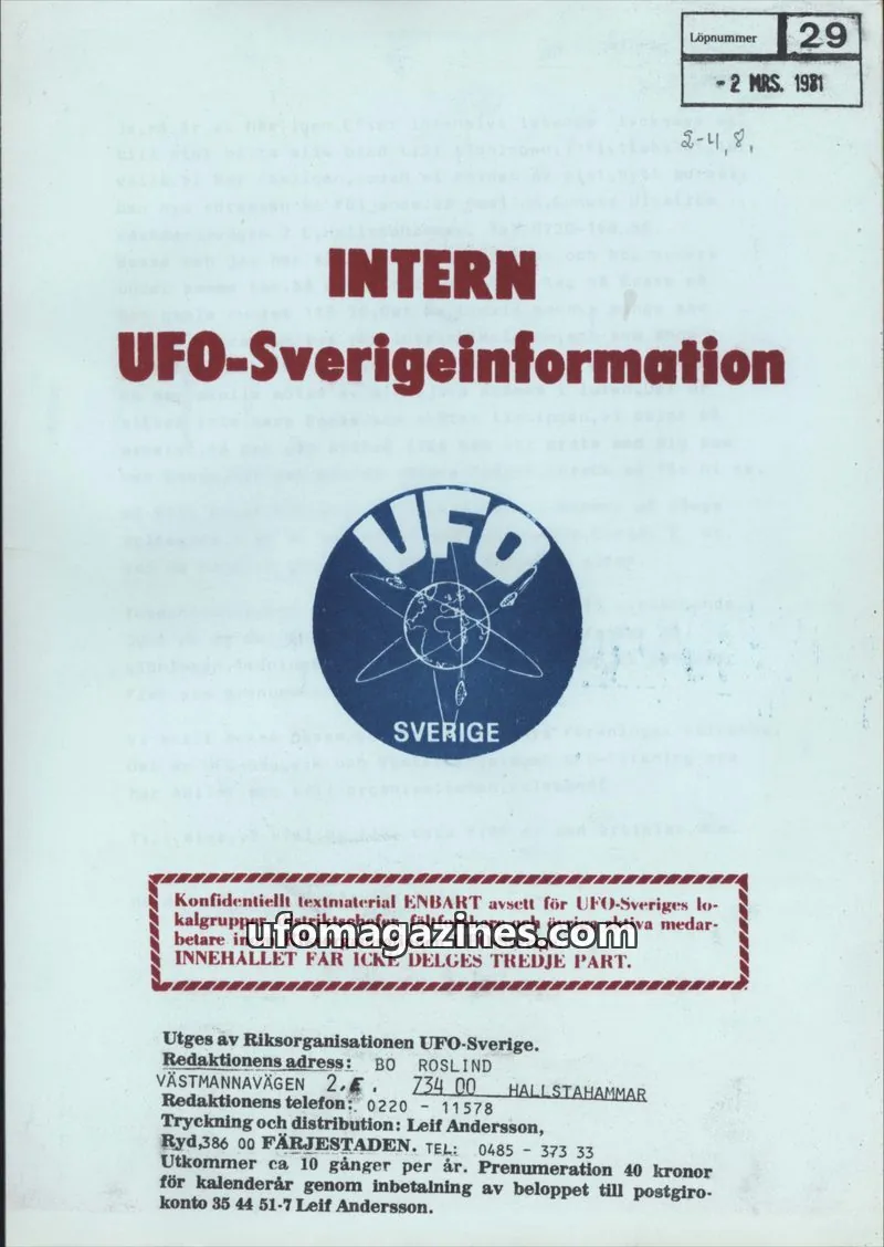 Cover of Intern UFO-Sverigeinformation (UFO-Sverige) issue 29: UFO-Sverigeinformation
