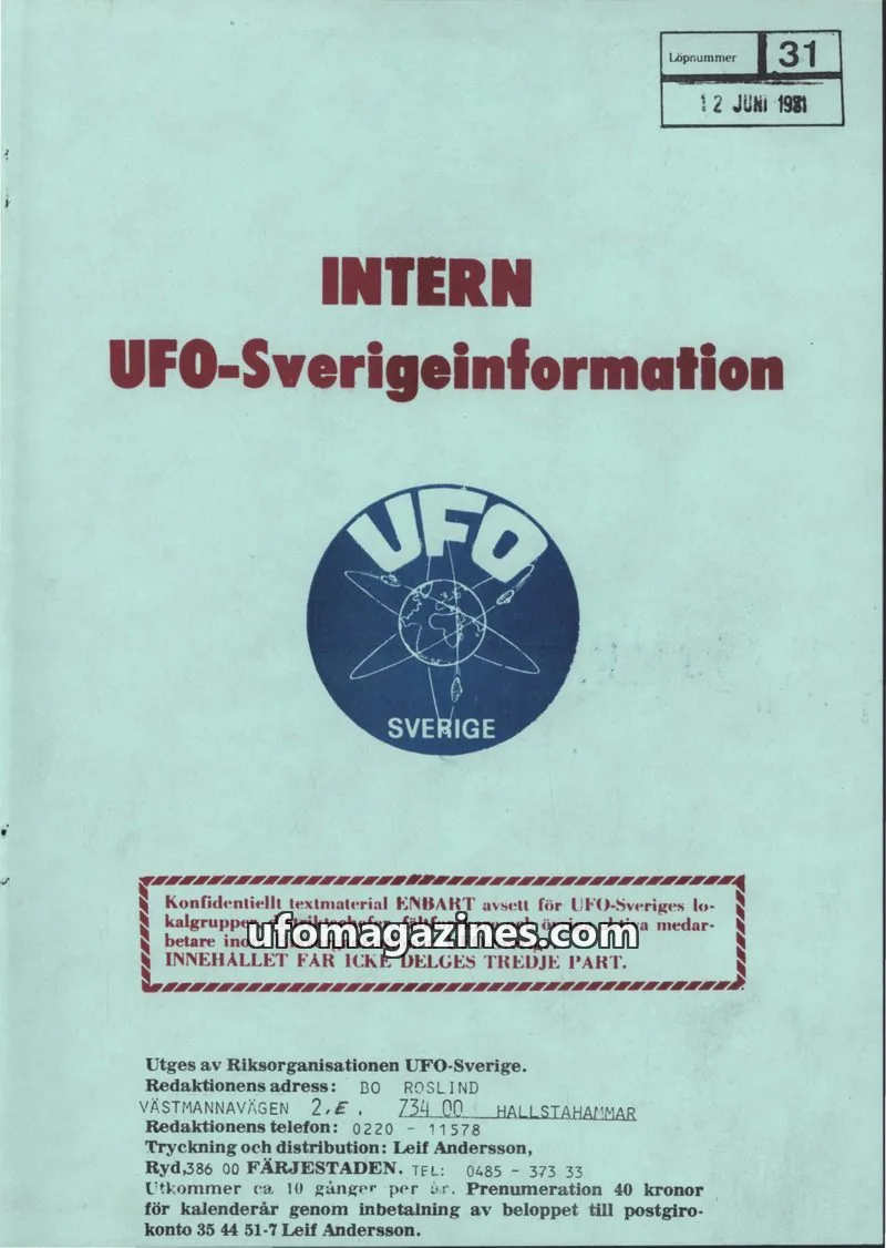 Cover of Intern UFO-Sverigeinformation (UFO-Sverige) issue 31: INTERN UFO-Sverigeinformation