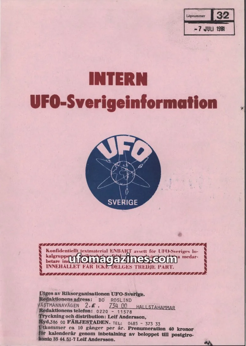 Cover of Intern UFO-Sverigeinformation (UFO-Sverige) issue 32: INTERN UFO-Sverigeinformation