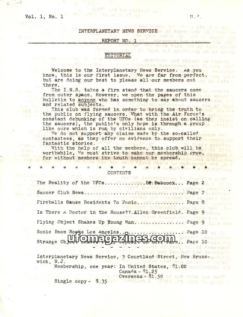 Cover of Interplanetary News Service issue Vol. 1, No. 1: INTERPLANETARY NEWS SERVICE