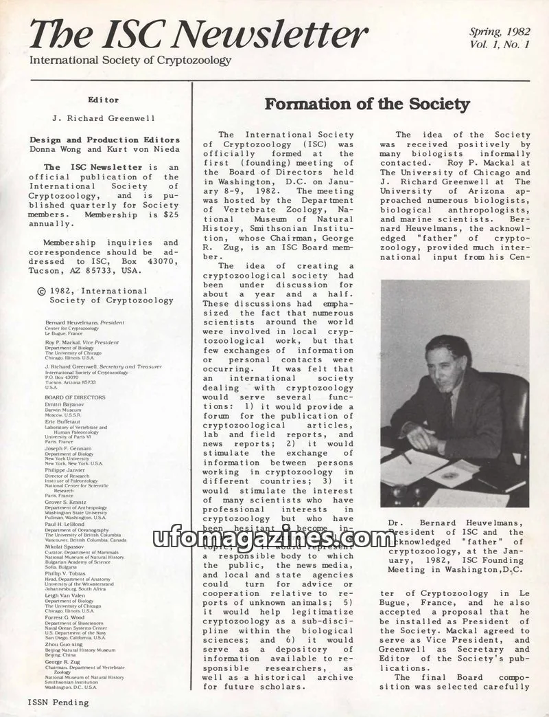 Cover of International Society of Cryptozoology issue Vol. 1, No. 1: The ISC Newsletter