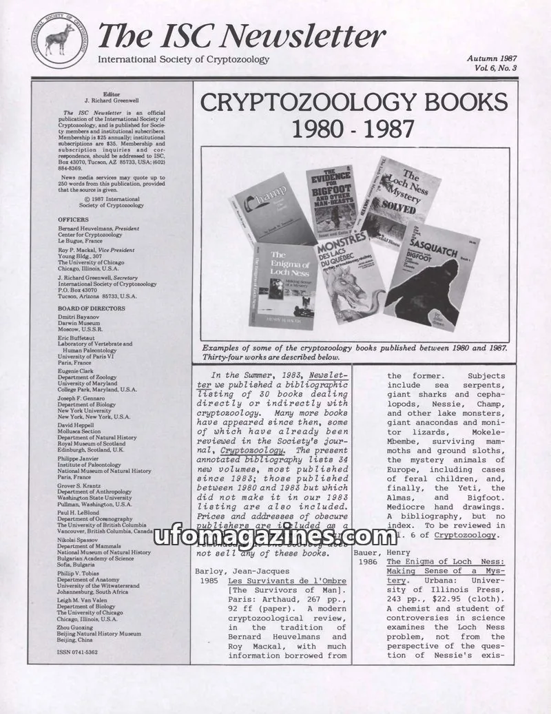 Cover of International Society of Cryptozoology issue Vol. 6, No. 3: The ISC Newsletter