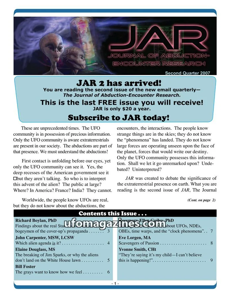 Cover of Journal of Abduction-Encounter Research (JAR) issue 2: JAR