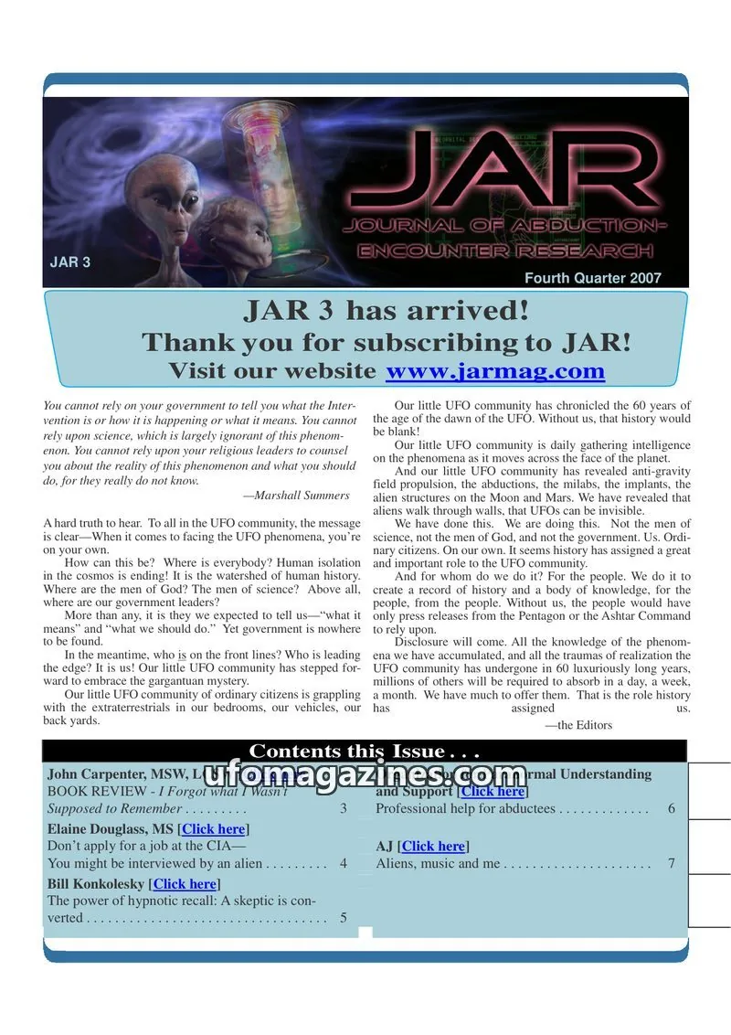 Cover of Journal of Abduction-Encounter Research (JAR) issue 3: JAR