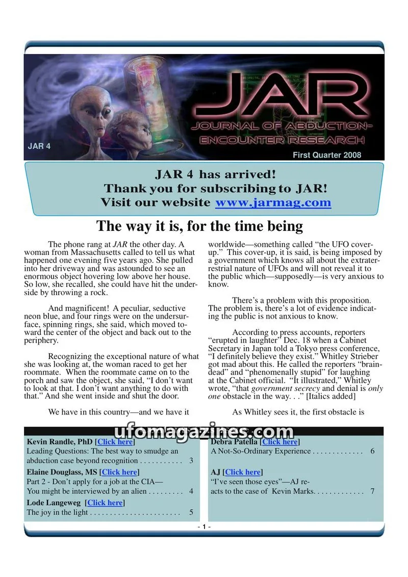 Cover of Journal of Abduction-Encounter Research (JAR) issue 4: JAR