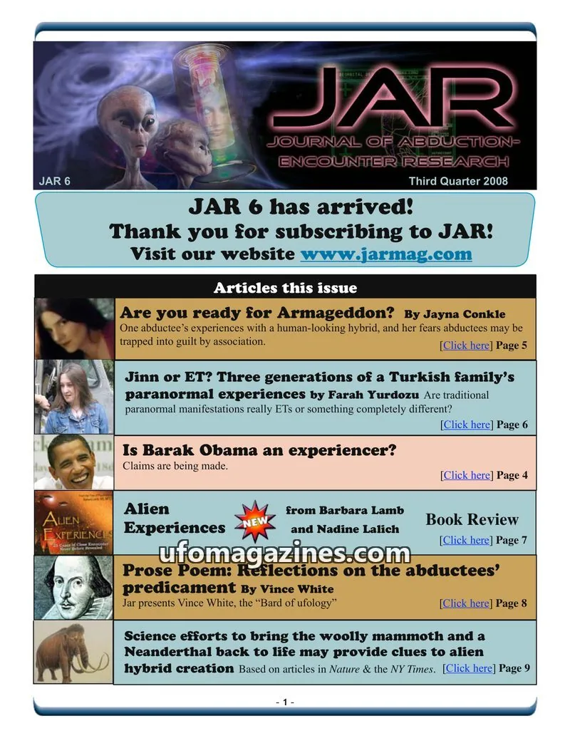 Cover of Journal of Abduction-Encounter Research (JAR) issue 6: JAR