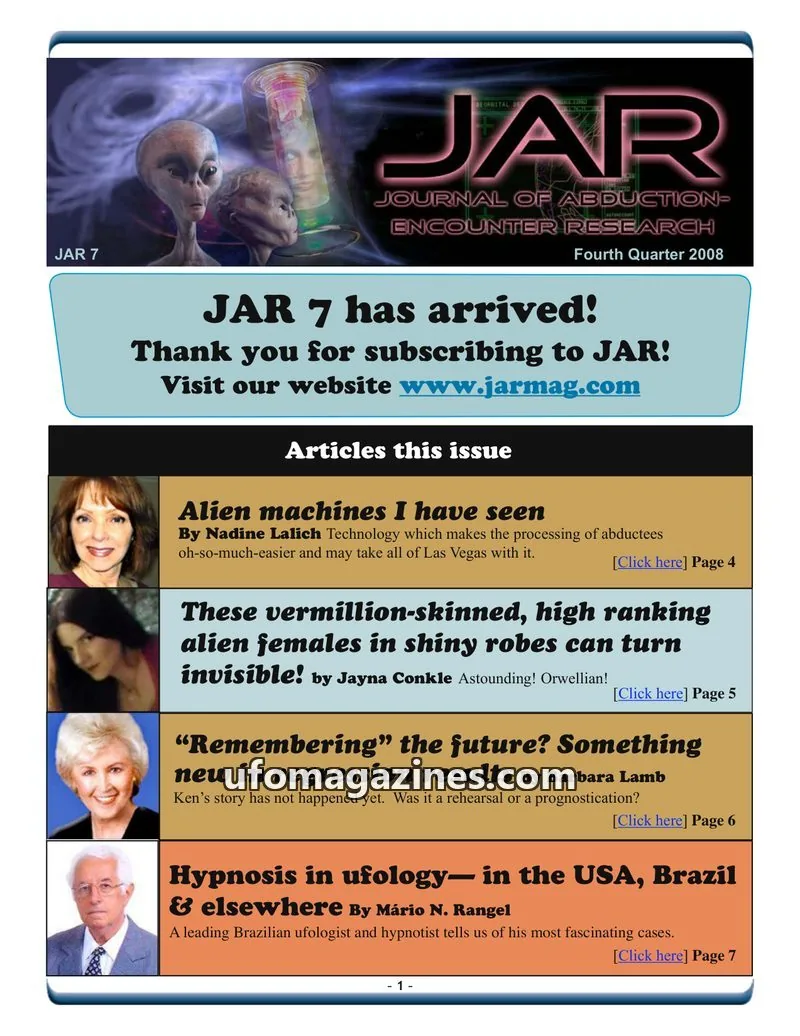 Cover of Journal of Abduction-Encounter Research (JAR) issue 7: JAR JOURNAL OF ABDUCTION-ENCOUNTER RESEARCH