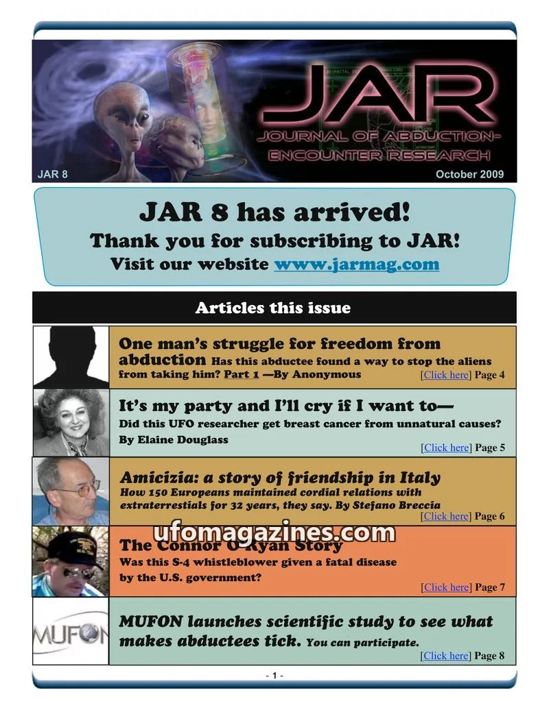 Cover of Journal of Abduction-Encounter Research (JAR) issue 8: JAR JOURNAL OF ABDUCTION-ENCOUNTER RESEARCH