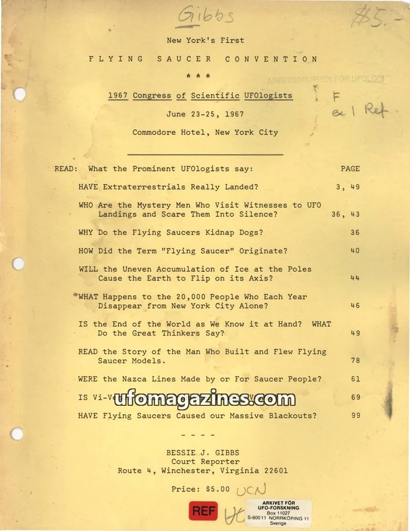 Cover of Journal of the Congress of Scientific Ufologists issue 1967 Congress of Scientific UFOlogists: New York's First Flying Saucer Convention