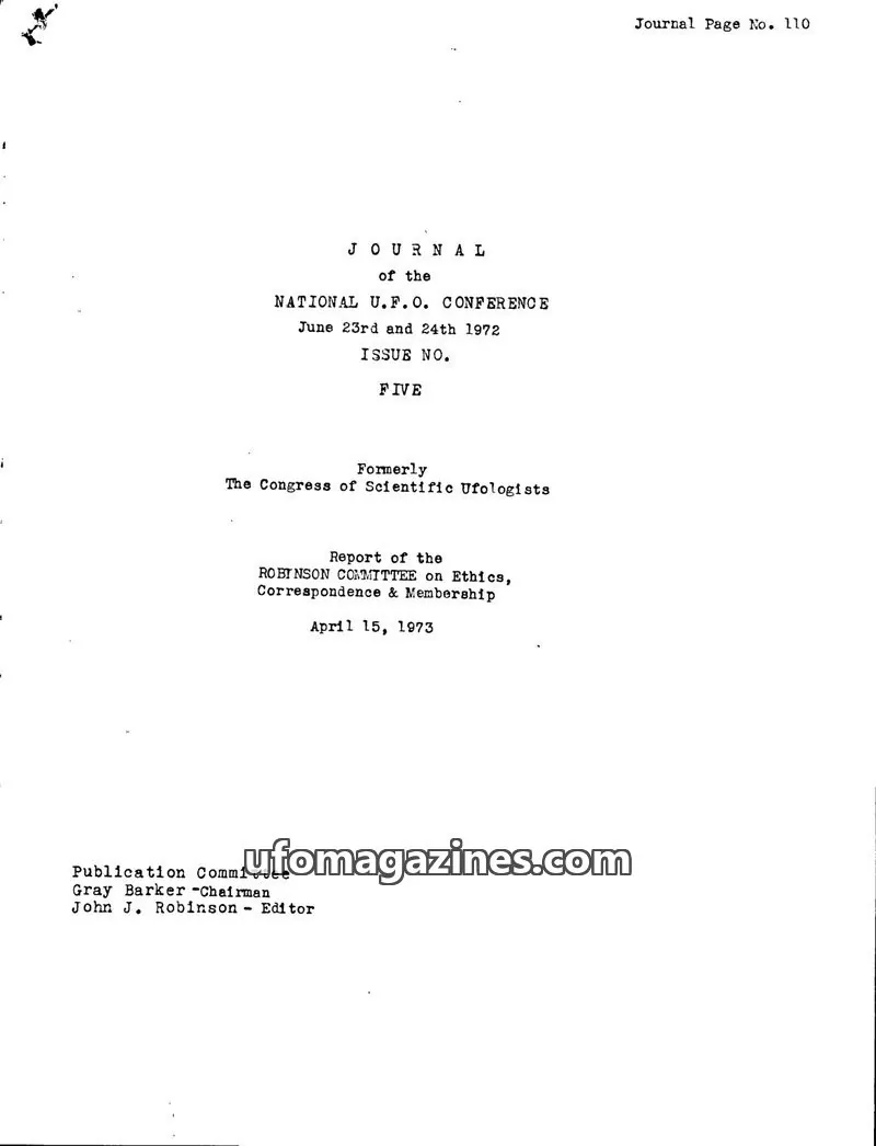 Cover of Journal of the Congress of Scientific Ufologists issue FIVE: JOURNAL of the NATIONAL U.F.O. CONFERENCE