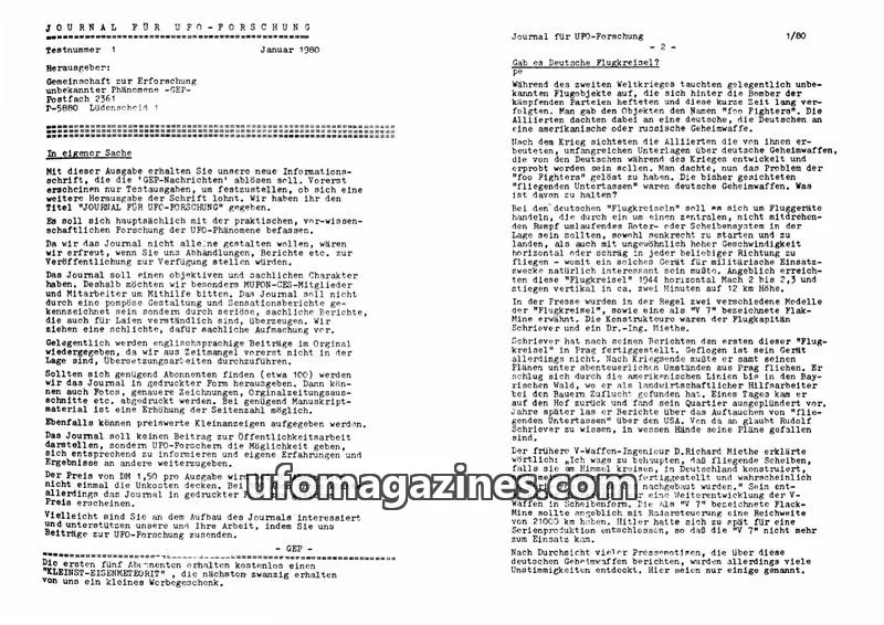 Cover of JUFOF (GEP) issue 1/80: JOURNAL FÜR UFO-FORSCHUNG