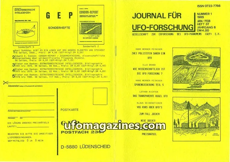 Cover of JUFOF (GEP) issue 1 1985 JAN/FEB: JOURNAL FÜR UFO-FORSCHUNG