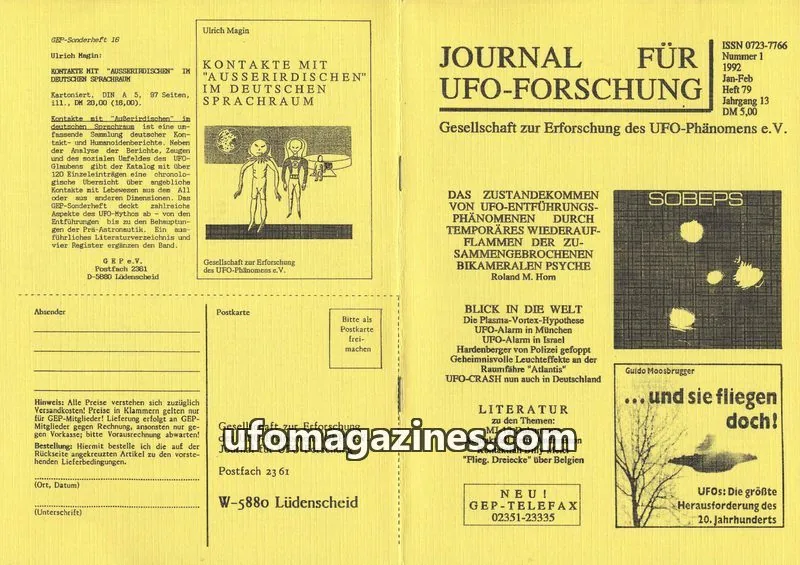 Cover of JUFOF (GEP) issue 1/1992: JOURNAL FÜR UFO-FORSCHUNG