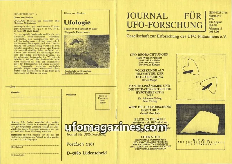 Cover of JUFOF (GEP) issue 4/92: JOURNAL FÜR UFO-FORSCHUNG