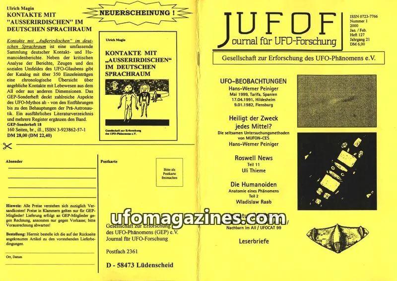 Cover of JUFOF (GEP) issue Nummer 1 / 2000: JOURNAL FÜR UFO-FORSCHUNG