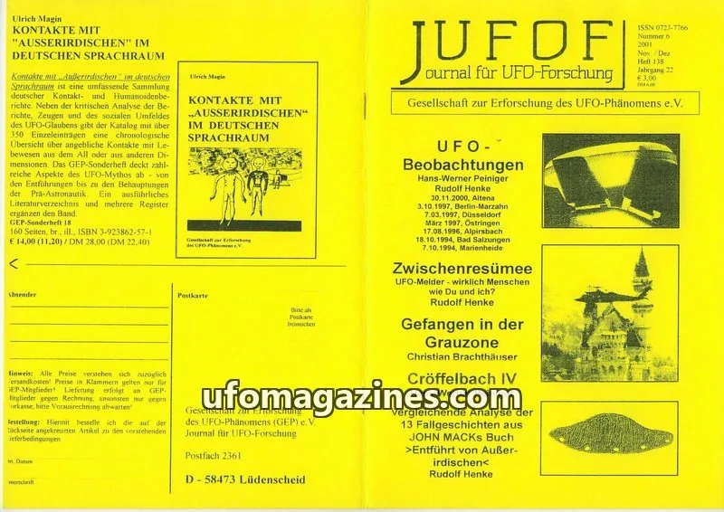 Cover of JUFOF (GEP) issue 6/2001: JOURNAL FÜR UFO-FORSCHUNG
