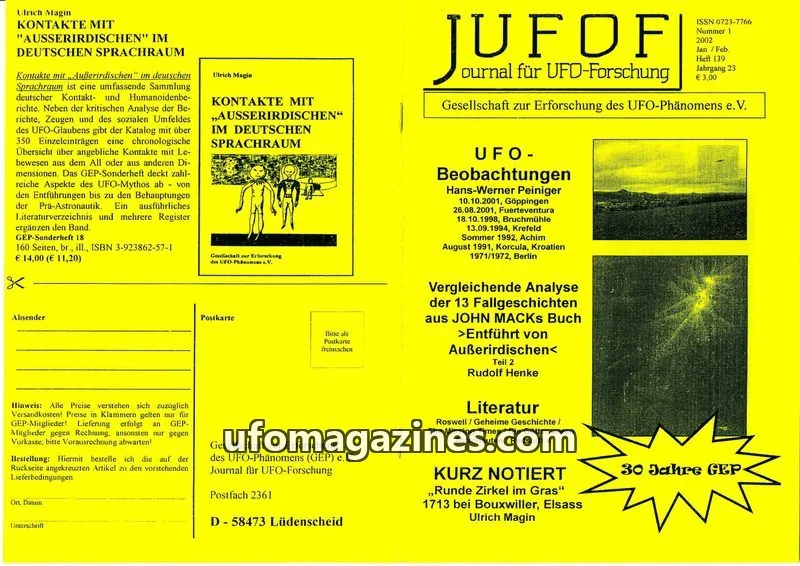 Cover of JUFOF (GEP) issue 1/2002: JOURNAL FÜR UFO-FORSCHUNG