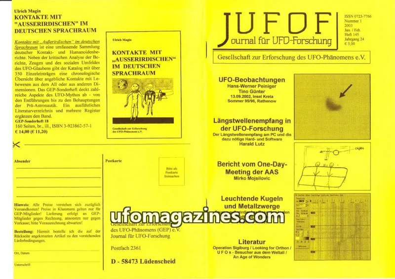 Cover of JUFOF (GEP) issue 1/2003: JOURNAL FÜR UFO-FORSCHUNG
