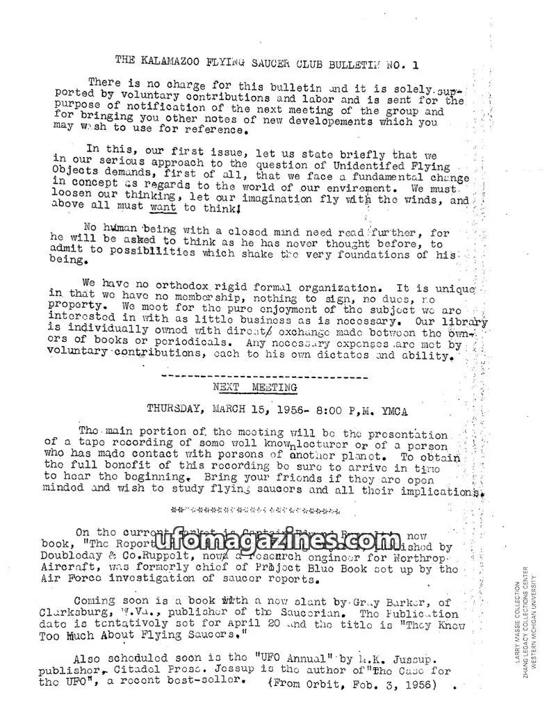 Cover of Kalamazoo Flying Saucer Study Club issue NO. 1: THE KALAMAZOO FLYING SAUCER CLUB BULLETIN