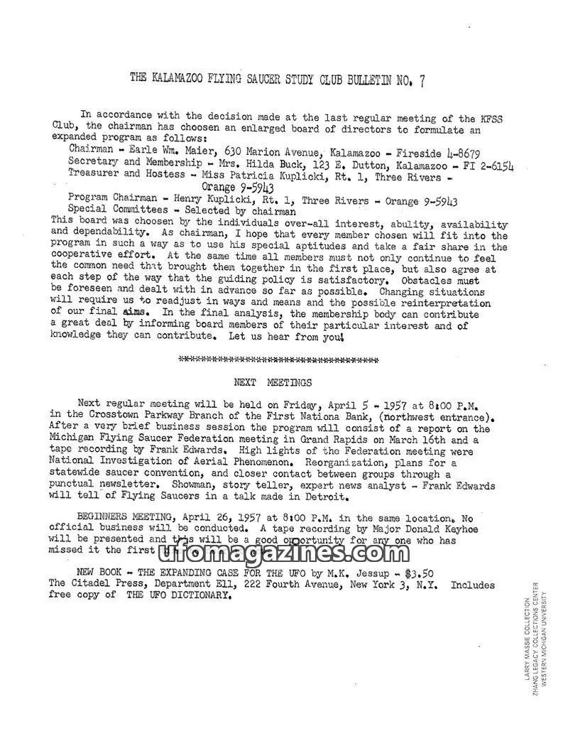 Cover of Kalamazoo Flying Saucer Study Club issue 7: THE KALAMAZOO FLYING SAUCER STUDY CLUB BULLETIN