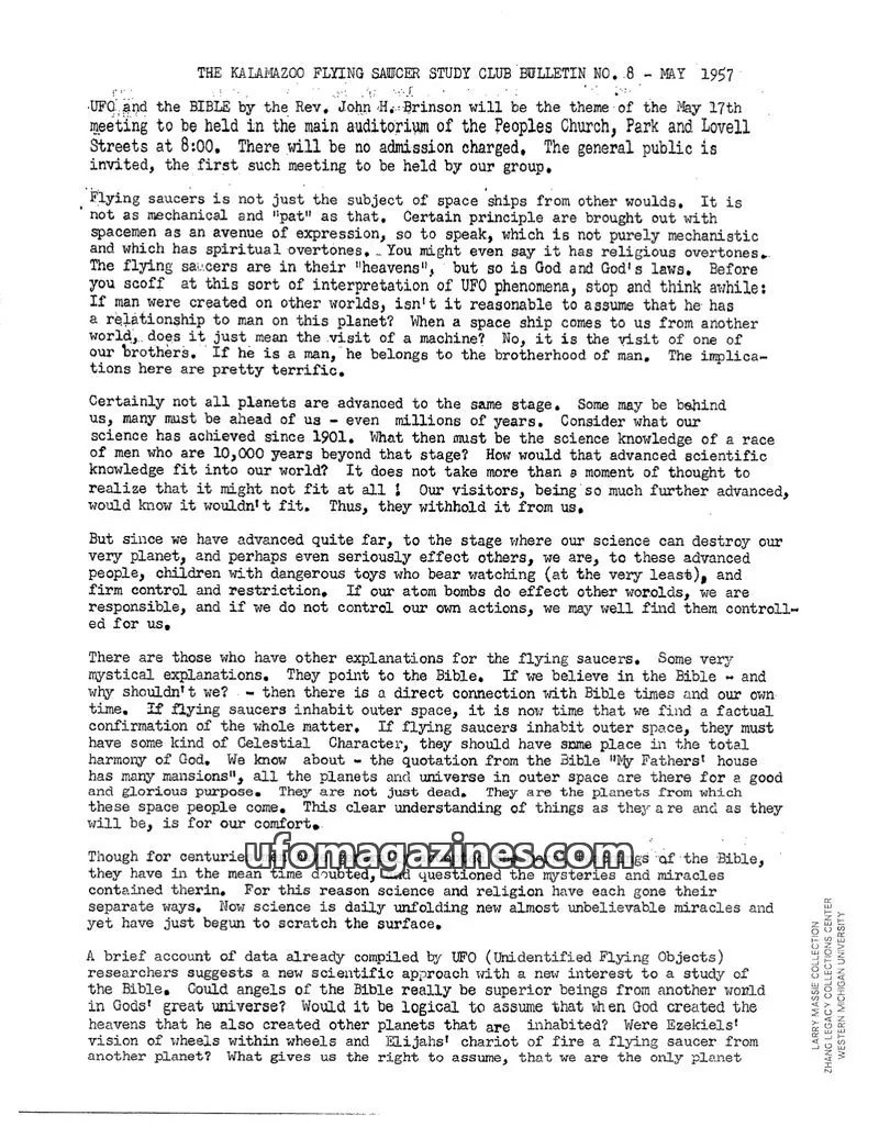Cover of Kalamazoo Flying Saucer Study Club issue 8: THE KALAMAZOO FLYING SAUCER STUDY CLUB BULLETIN