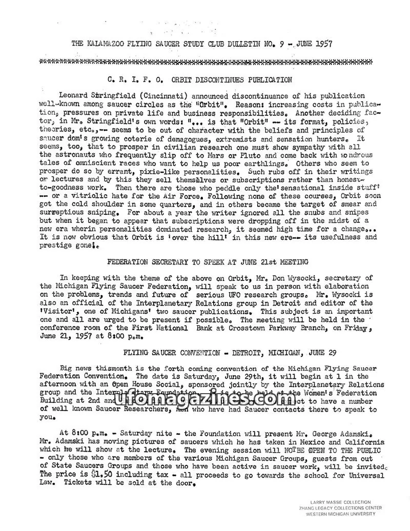 Cover of Kalamazoo Flying Saucer Study Club issue 9: THE KALAMAZOO FLYING SAUCER STUDY CLUB DULLETIN
