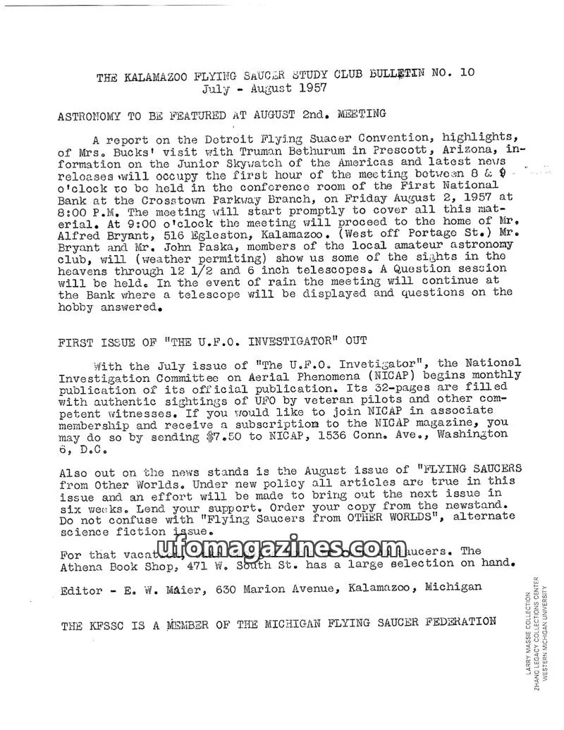 Cover of Kalamazoo Flying Saucer Study Club issue 10: THE KALAMAZOO FLYING SAUCER STUDY CLUB BULLETIN