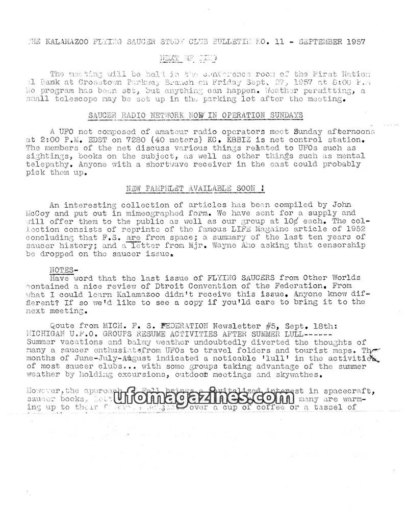 Cover of Kalamazoo Flying Saucer Study Club issue 11: THE KALAMAZOO FLYING SAUCER STUDY CLUB BULLETIN