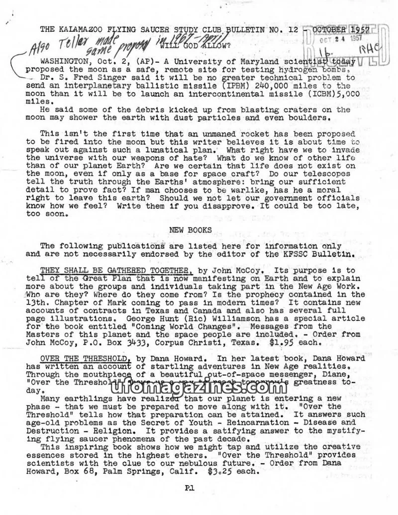 Cover of Kalamazoo Flying Saucer Study Club issue 12: THE KALAMAZOO FLYING SAUCER STUDY CLUB BULLETIN