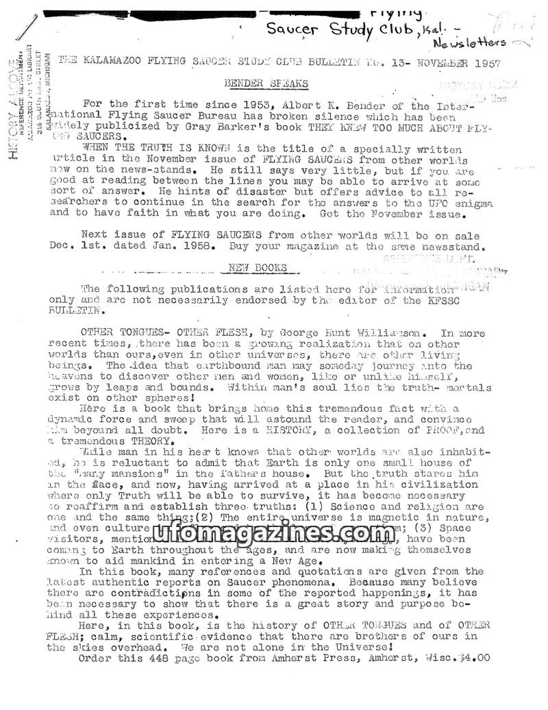 Cover of Kalamazoo Flying Saucer Study Club issue 13: THE KALAMAZOO FLYING SAUCER STUDY CLUB BULLETIN