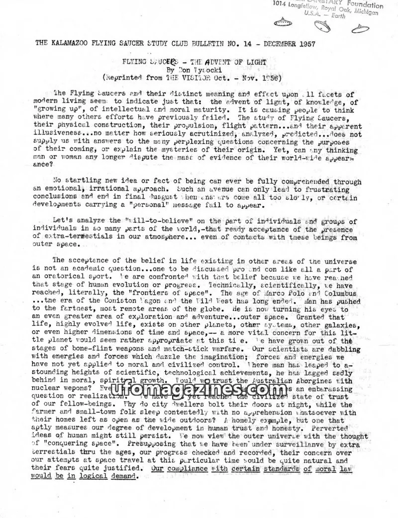 Cover of The Interplanetary Foundation issue 14: THE KALAMAZOO FLYING SAUCER STUDY CLUB BULLETIN