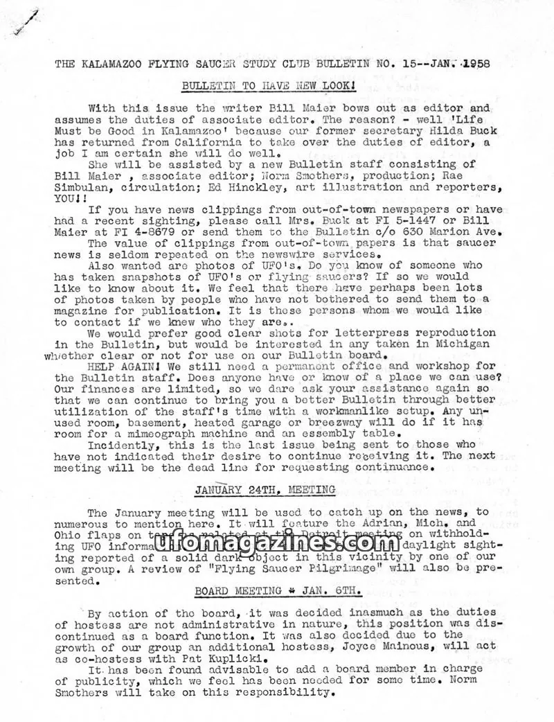 Cover of Kalamazoo Flying Saucer Study Club issue 15: THE KALAMAZOO FLYING SAUCER STUDY CLUB BULLETIN