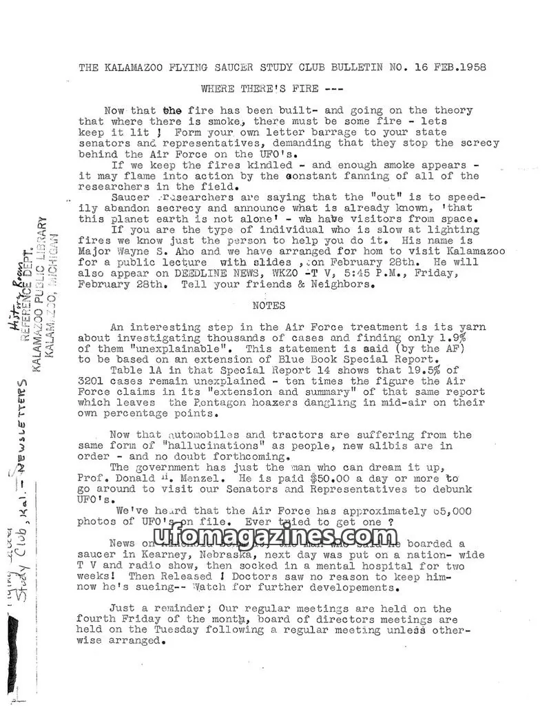 Cover of Kalamazoo Flying Saucer Study Club issue NO. 16: THE KALAMAZOO FLYING SAUCER STUDY CLUB BULLETIN