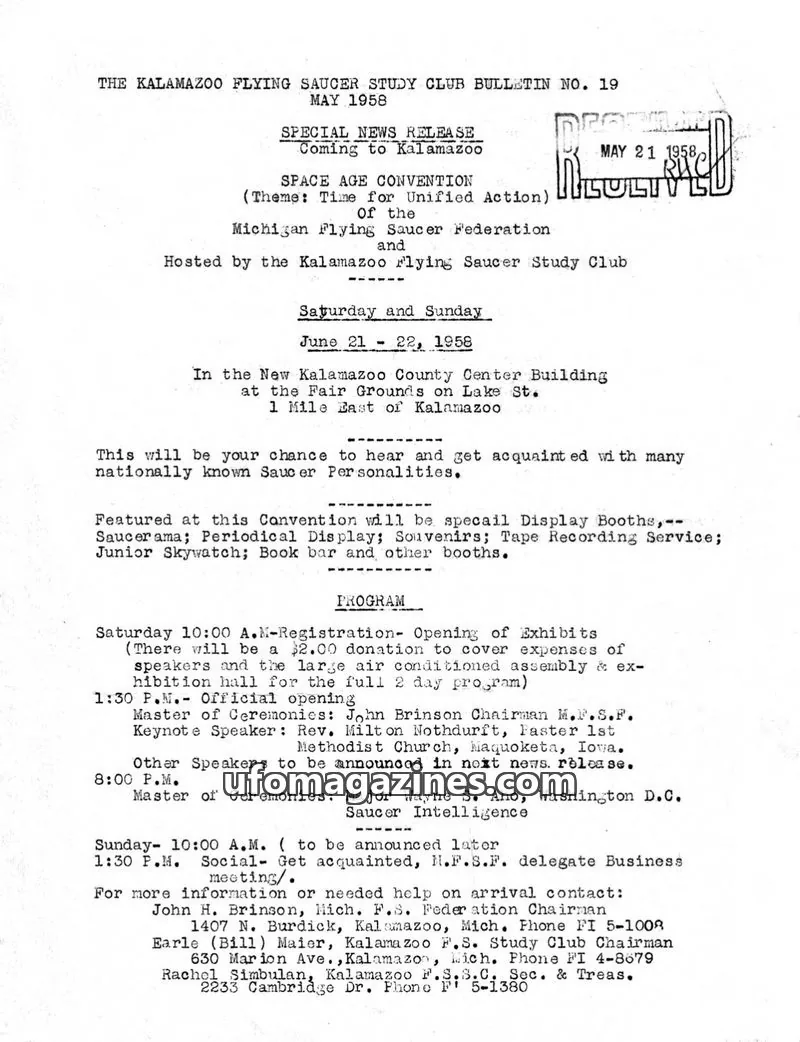 Cover of Kalamazoo Flying Saucer Study Club issue 19: THE KALAMAZOO FLYING SAUCER STUDY CLUB BULLETIN