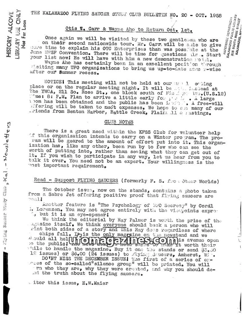 Cover of Kalamazoo Flying Saucer Study Club issue NO. 20: THE KALAMAZOO FLYING SAUCER STUDY CLUB BULLETIN