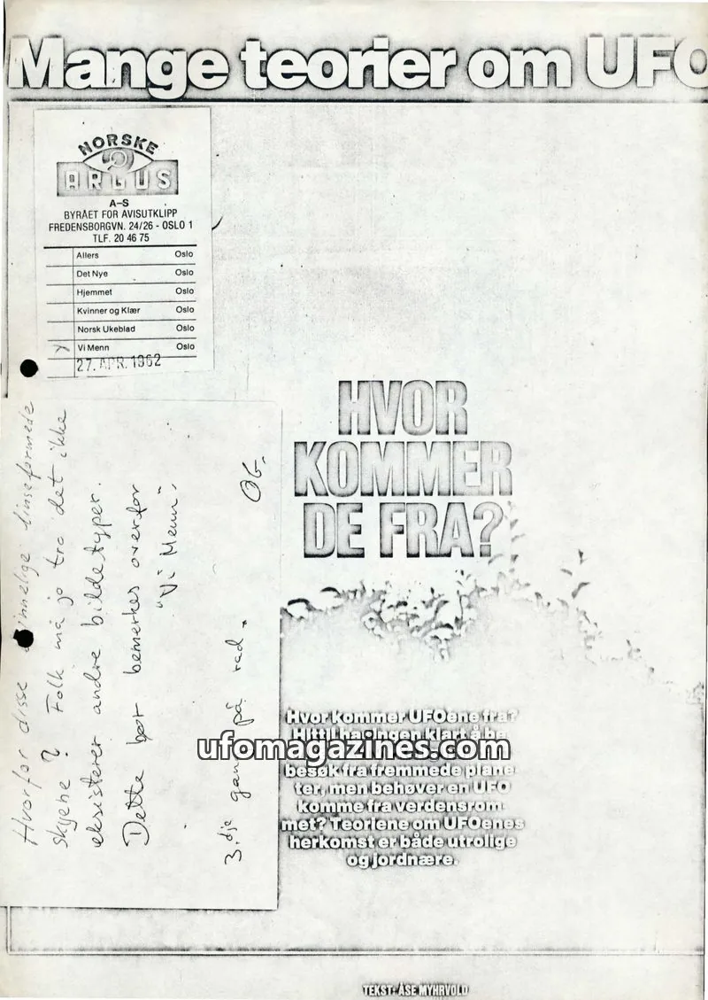 Cover of Klipprunden (Odd-Gunnar Roed) issue 27. APR. 1962: Mange teorier om UFO