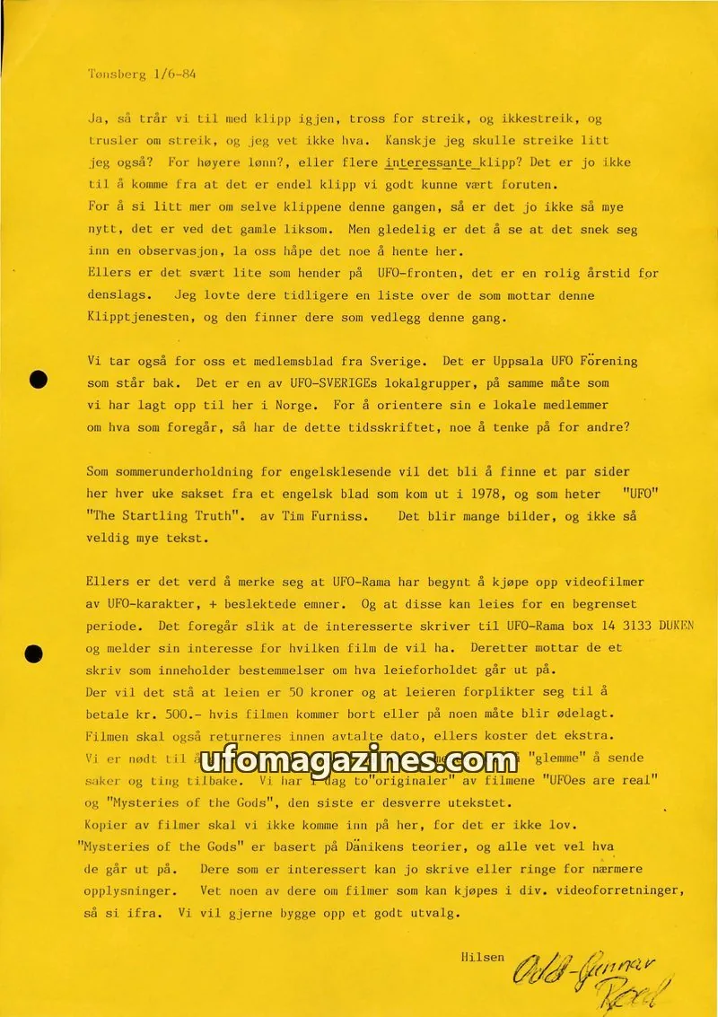 Cover of Klipprunden (Odd-Gunnar Roed) issue 1/6-84: UFO-Norge