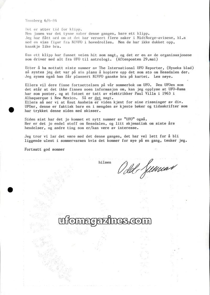 Cover of Klipprunden (Odd-Gunnar Roed) issue March/April 1984: INTERNATIONAL UFO REPORTER