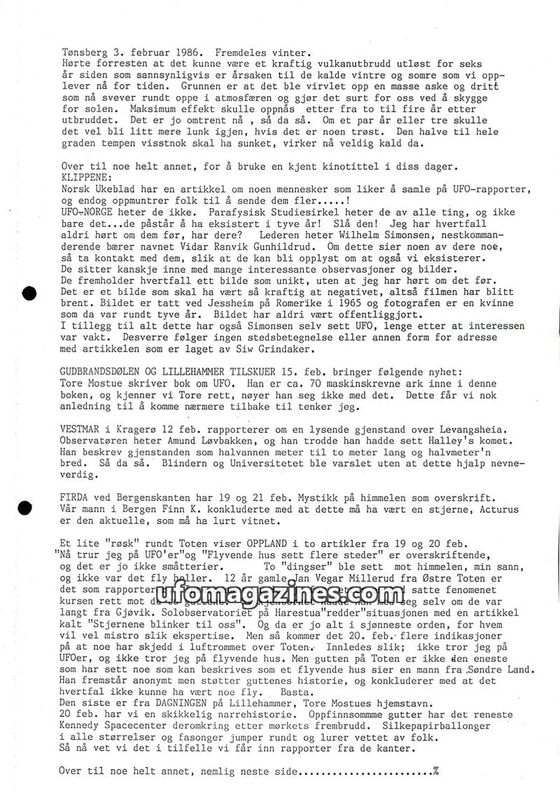 Cover of Klipprunden (Odd-Gunnar Roed) issue February 1986: UFO-NORGE