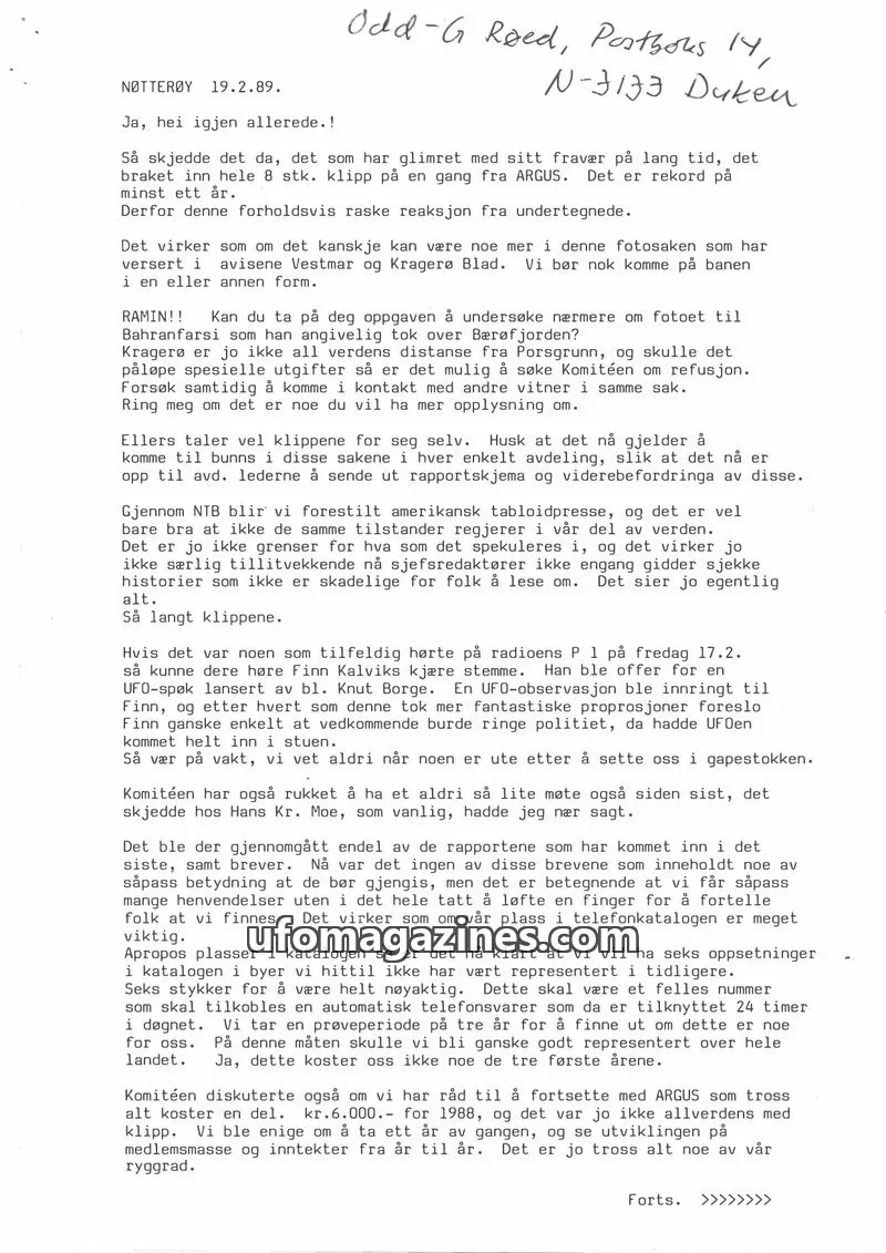 Cover of Klipprunden (Odd-Gunnar Roed) issue 1989: UFO-NORGE